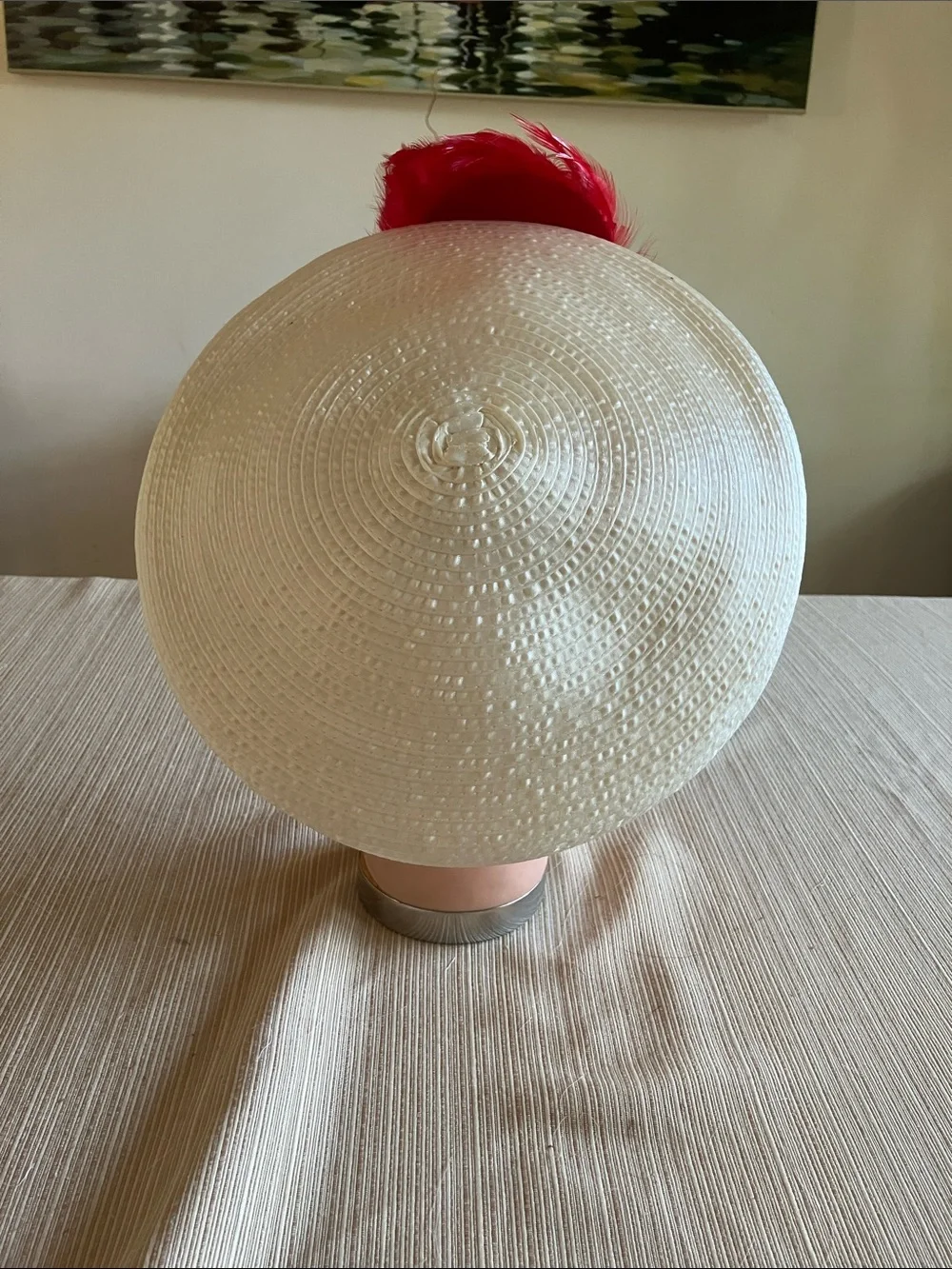 Ivory Satin Ribbon Hat with Red Floral & Feather Accent